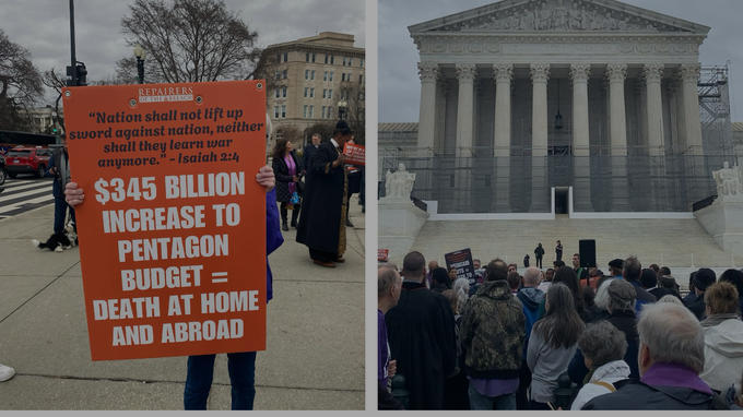 A side by side image of a protestor holding a sign that reads "$345 billion increase to Pentagon budget = death at home and abroad" and a capitol building.