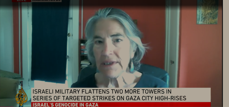 A screenshot of Phyllis Bennis speaking during a recent interview with Al Jazeera