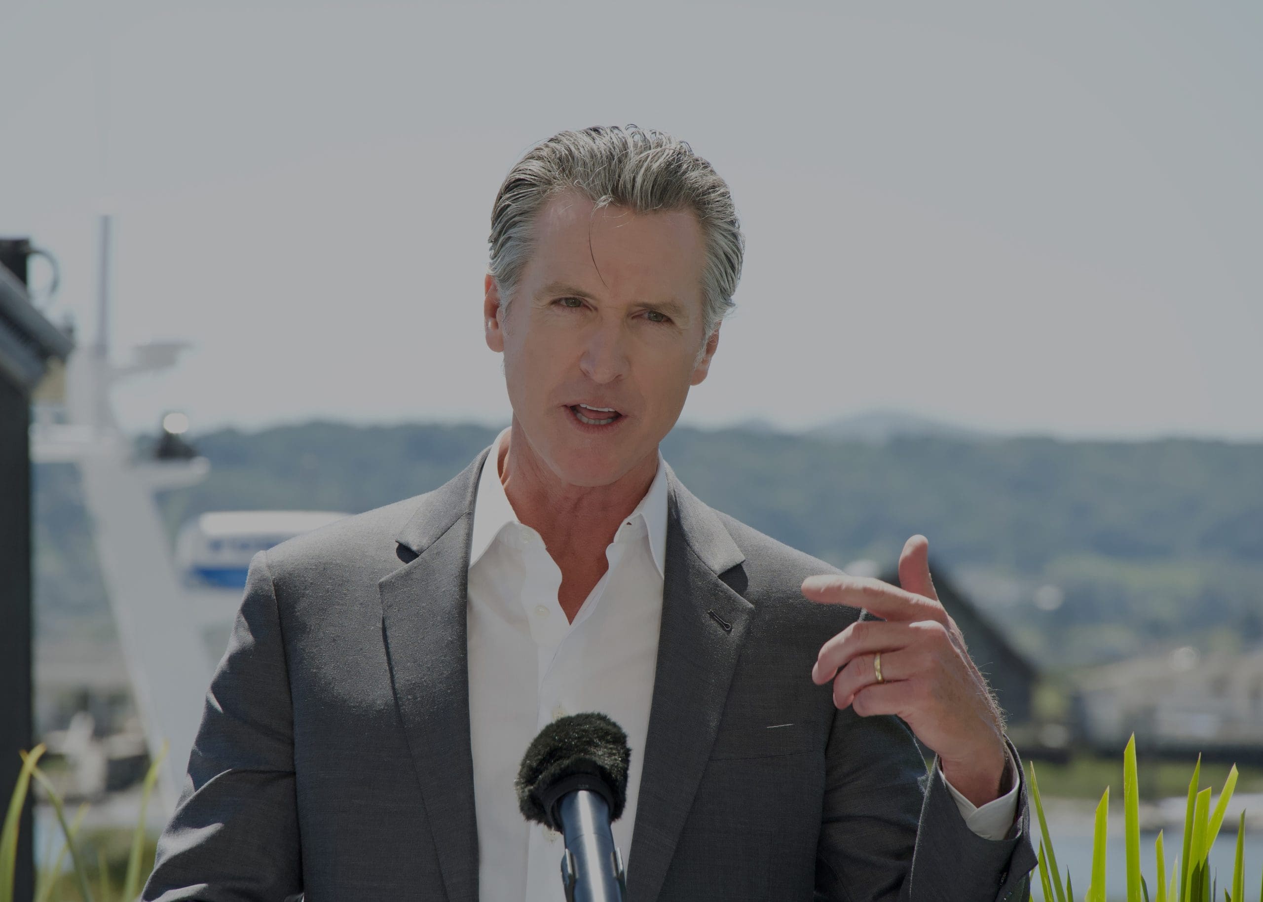 Larkspur, CA - April 16, 2024: Governor Gavin Newsom speaking at a Press Event announcing a climate partnership between CA and Norway, a commitment to international climate collaboration