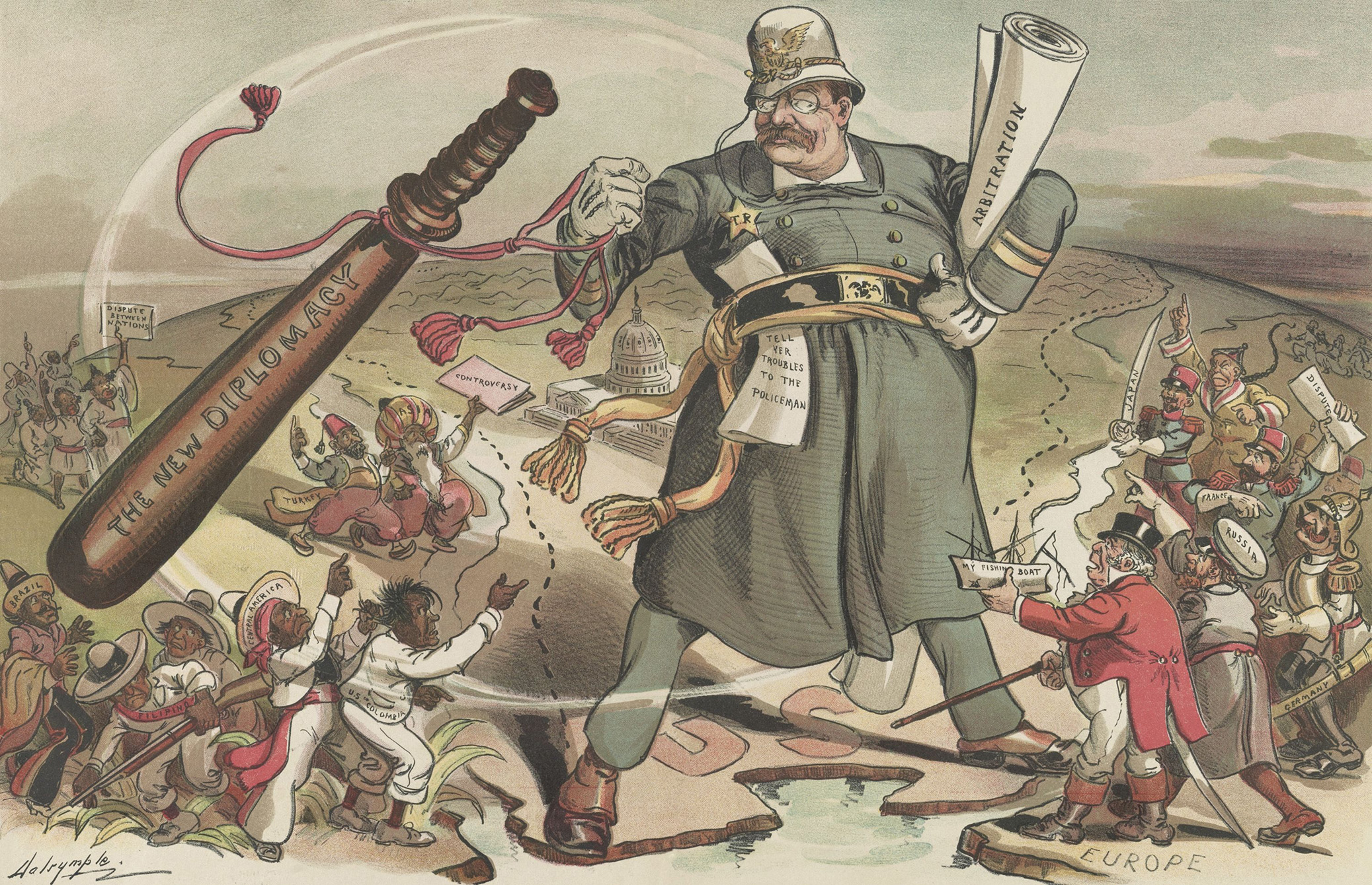 A cartoon depicting President Theodore Roosevelt as a constable standing between Europe, Latin America, Asia, and Africa with a Big Stick labeled "The New Diplomacy."