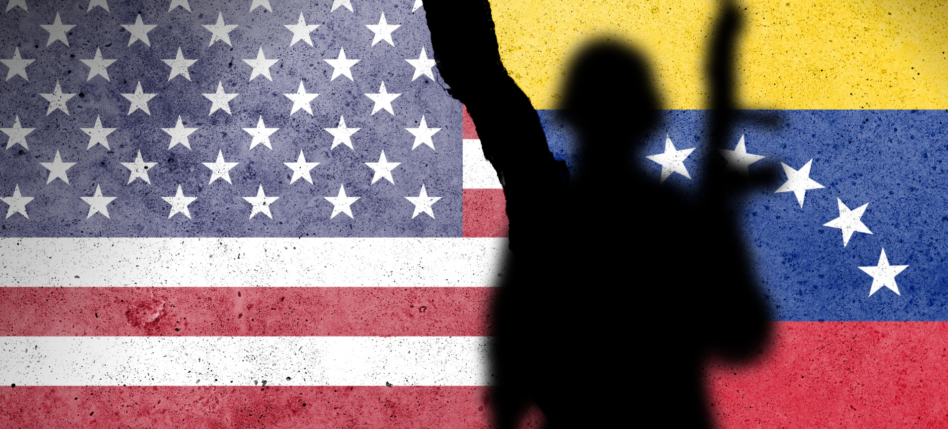 A graphic shows the U.S. and Venezuelan flags colliding. The silhouette of a U.S. soldier casts a shadow over each.