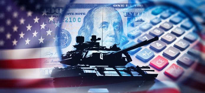 Illustration: Images of a U.S. flag, battle tank, and calculator sit superimposed over each other.